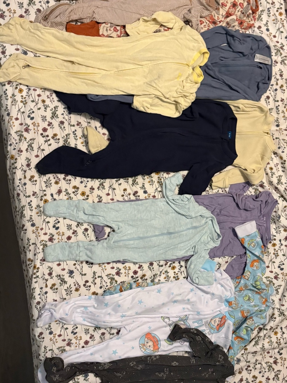 Mixed Baby Footed Onesies - Pastel Yellow, Navy, Lavender, Mint, Light Blue